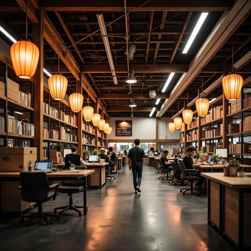 Prompt: Traditional Asian-inspired warehouse, ornate wooden accents, vibrant lanterns, modern industrial equipment, sleek metal shelving units, minimalist workstations, ergonomic chairs, natural wood desks, warm ambient lighting, shallow depth of field, 1/1 composition, realistic textures, ambient occlusion, bustling atmosphere, dynamic worker movements, soft focus effect.