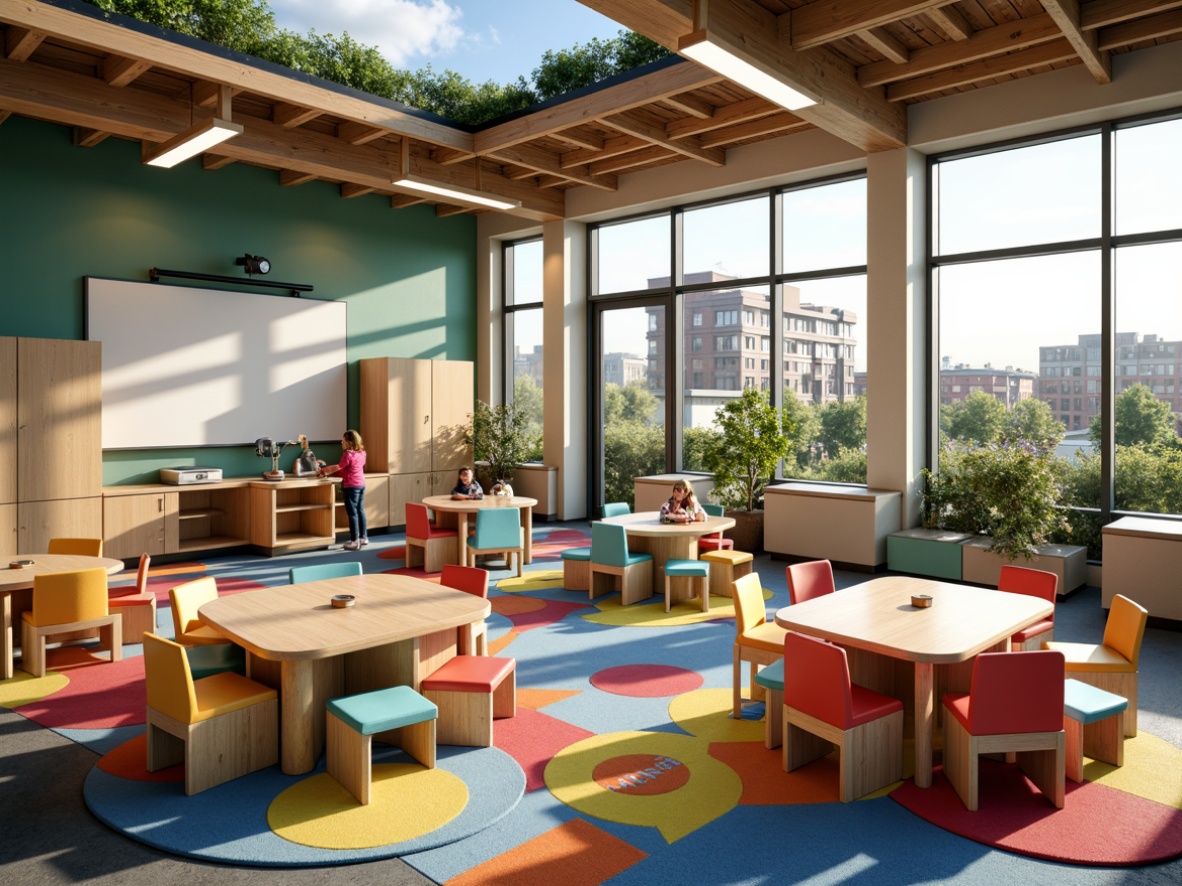 Prompt: Vibrant elementary school classrooms, flexible seating arrangements, collaborative learning spaces, interactive whiteboards, colorful rugs, ergonomic desks, chairs with built-in storage, natural light pouring in, large windows, sliding glass doors, outdoor play areas, green roofs, educational graphics, inspirational quotes, 3D printers, robotic workstations, virtual reality headsets, soft warm lighting, shallow depth of field, 1/1 composition, realistic textures, ambient occlusion.