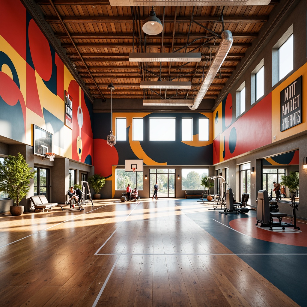 Prompt: Vibrant gymnasium interior, postmodernist architecture, bold color schemes, abstract geometric patterns, curved lines, irregular shapes, eclectic mix of materials, polished wooden floors, exposed ductwork, industrial-style lighting, oversized windows, natural light pouring in, athletic equipment, basketball hoops, tennis courts, free weights, exercise machines, mirrored walls, motivational quotes, dynamic spatial layout, 2.5D composition, warm softbox lighting, subtle ambient occlusion.