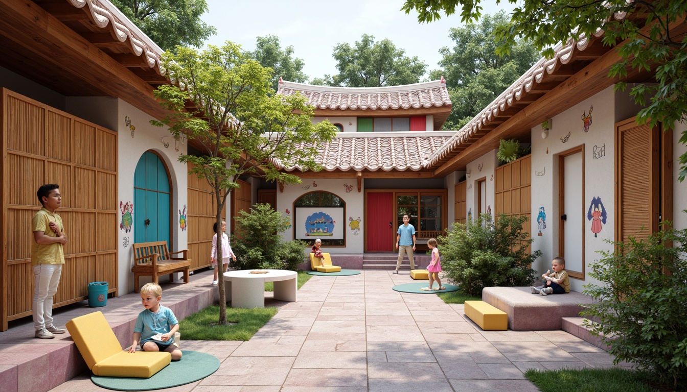 Prompt: Vibrant kindergarten courtyard, traditional Asian-style architecture, curved rooflines, intricate wooden carvings, colorful ceramic tiles, natural stone walls, bamboo accents, playful wall murals, whimsical stencils, soft pastel colors, textured finishes, woven bamboo screens, translucent rice paper lanterns, warm ambient lighting, cozy reading nooks, interactive play areas, educational displays, shallow depth of field, 1/2 composition, realistic textures, subtle ambient occlusion.