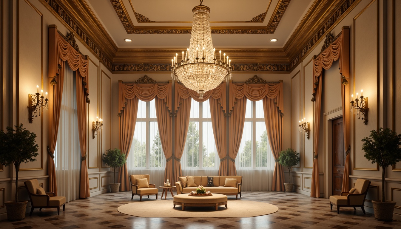 Prompt: Grand chandelier, crystal droplets, ornate metalwork, soft warm glow, candle-like illumination, elegant sconces, intricate carvings, gilded accents, luxurious fabrics, velvet drapes, rich wood tones, polished marble floors, stately columns, ornamental moldings, refined proportions, symmetrical composition, subtle color palette, warm beige tones, creamy whites, golden highlights, atmospheric shading, 1/1 aspect ratio, high contrast ratio.