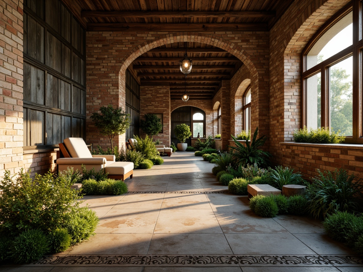 Prompt: Rustic stone walls, worn wooden accents, distressed metal panels, industrial-chic concrete floors, vibrant greenery, lush moss-covered surfaces, intricate brick patterns, ornate tile work, dynamic shadow play, warm golden lighting, shallow depth of field, 1/2 composition, realistic textures, ambient occlusion.