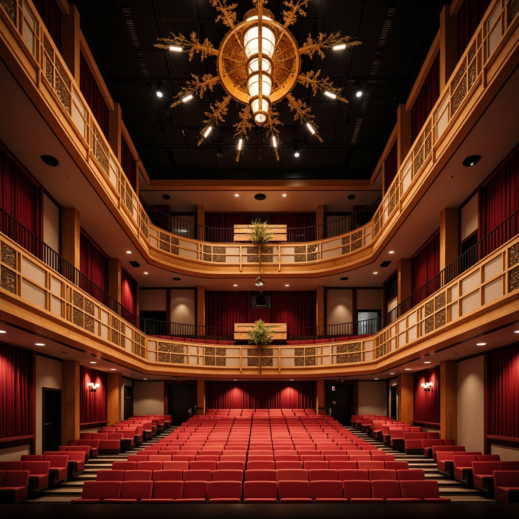 Prompt: Luxurious theater interior, premium acoustic panels, sound-absorbing materials, wooden frames, fabric-wrapped surfaces, curved geometric shapes, minimalist design, dimmable LED lighting, plush red seats, ornate golden details, velvet curtains, spotlights, catwalks, balconies, mezzanine levels, grand chandeliers, high ceilings, open floor plans, 1/2 composition, warm soft focus, cinematic atmosphere.