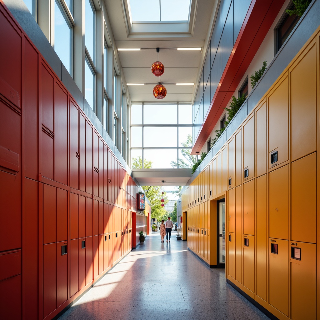 Prompt: Vibrant high school hallways, lockers with bold colors, modern LED lighting fixtures, energy-efficient solutions, soft warm glow, natural light pouring in through large windows, clerestory windows, skylights, suspended ceiling lights, linear fluorescent lights, decorative pendant lights, colorful acrylic panels, futuristic lamp designs, minimalist aesthetic, clean lines, 3/4 composition, realistic shadows, ambient occlusion, sunny day, shallow depth of field, panoramic view.