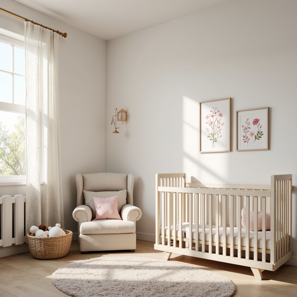 Prompt: Soft pastel colors, gentle nursery rhymes, plush area rug, warm wooden crib, delicate lace curtains, whimsical mobiles, creamy white furniture, subtle texture contrasts, natural light pouring in, airy open space, minimalist decor, elegant wall art, soft focus photography, shallow depth of field, 1/1 composition, peaceful atmosphere, serene ambiance.