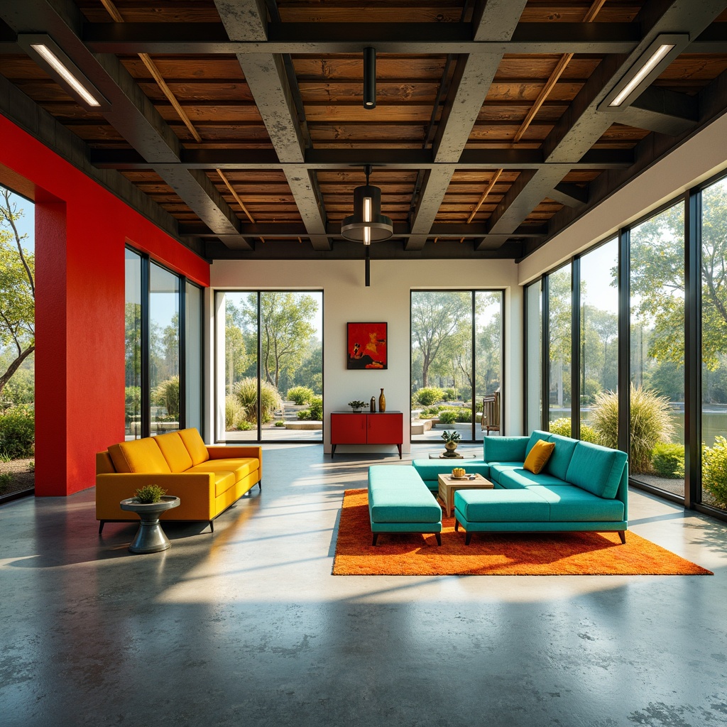 Prompt: Vibrant pavilion interior, bold color accents, geometric shapes, minimalist decor, sleek metal frames, polished concrete floors, industrial chic atmosphere, modern Bauhaus design, rectangular structures, open floor plan, abundant natural light, floor-to-ceiling windows, sliding glass doors, vibrant turquoise furniture, pops of yellow, bold red accents, monochromatic backgrounds, subtle texture contrasts, warm ambient lighting, shallow depth of field, 1/1 composition, realistic reflections.