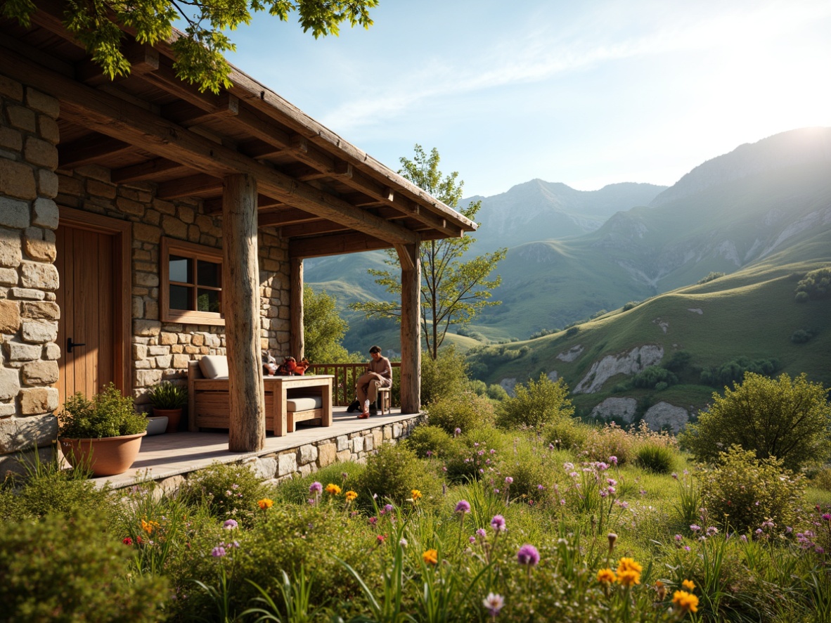 Prompt: Vibrant color schemes, earthy tones, rustic textures, wooden accents, natural stone walls, traditional vernacular architecture, rural landscape, rolling hills, lush greenery, blooming wildflowers, sunny afternoon, warm soft lighting, shallow depth of field, 3/4 composition, panoramic view, realistic textures, ambient occlusion.