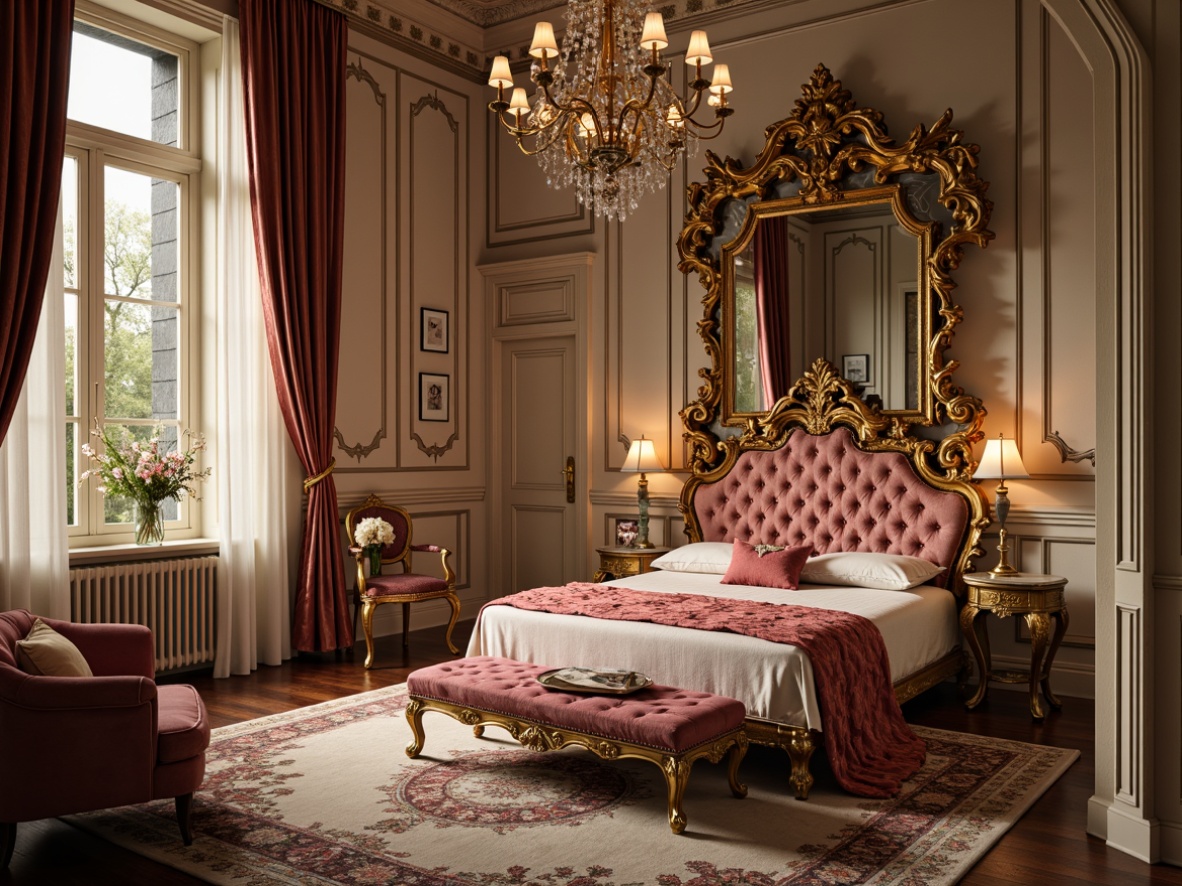 Prompt: Opulent boudoir, lavish velvet upholstery, intricately carved wooden frames, gilded ornate mirrors, crystal chandeliers, luxurious silk fabrics, curved cabriole legs, ornate metalwork, soft pastel hues, delicate floral patterns, romantic candlelight, 1/1 composition, shallow depth of field, warm golden lighting, realistic textures, ambient occlusion.