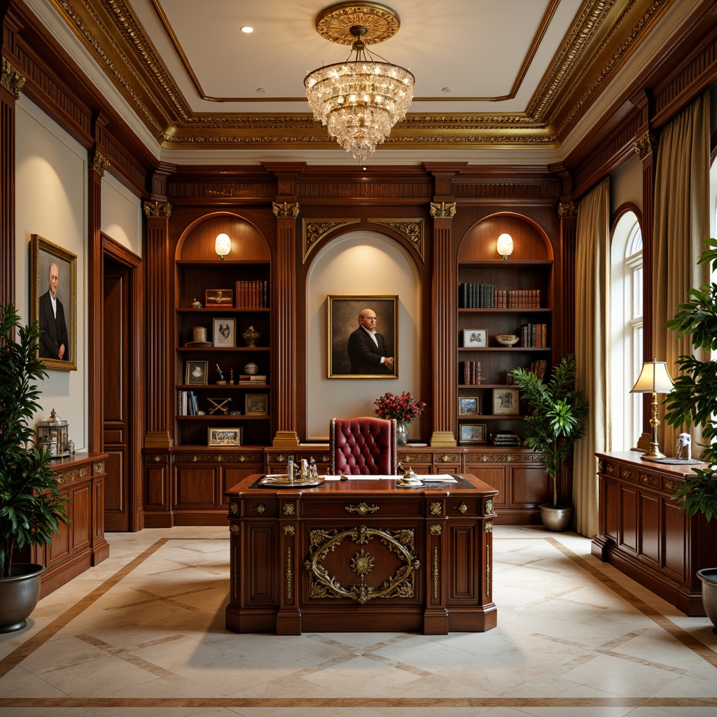 Prompt: Richly ornate home office, intricately carved wooden desk, luxurious velvet armchair, polished brass hardware, ornamental ceiling molding, lavish crystal chandelier, creamy marble flooring, subtle ambient lighting, warm beige walls, stately bookshelves, leather-bound tomes, gilded picture frames, elegant pen holders, decorative paperweights, sophisticated 3/4 composition, softbox lighting, cinematic depth of field.