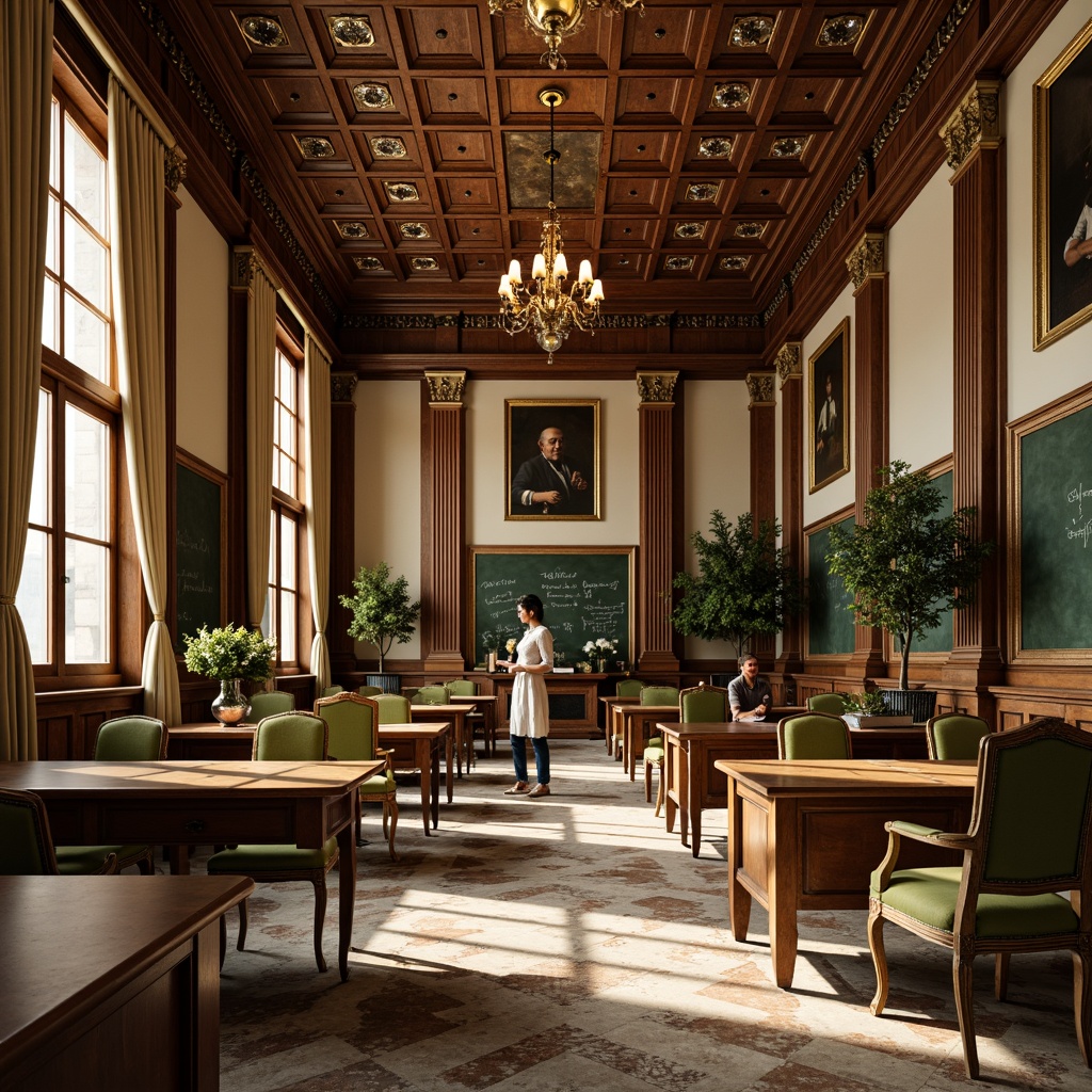 Prompt: Elegant middle school interior, neoclassical furnishings, ornate wooden desks, comfortable green chairs, vintage-inspired blackboards, decorative columns, grand chandeliers, polished marble floors, rich walnut paneling, intricate moldings, classic oil paintings, luxurious velvet drapes, warm golden lighting, soft focus, 1/2 composition, shallow depth of field, realistic textures.