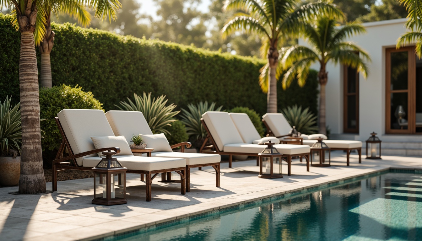 Prompt: Elegant poolside lounge chairs, ornate metal frames, plush velvet cushions, carved wooden armrests, intricate stone carvings, vintage-inspired lanterns, majestic palm trees, lush greenery, sunny afternoon, soft warm lighting, shallow depth of field, 3/4 composition, symmetrical layout, realistic water reflections, ambient occlusion.