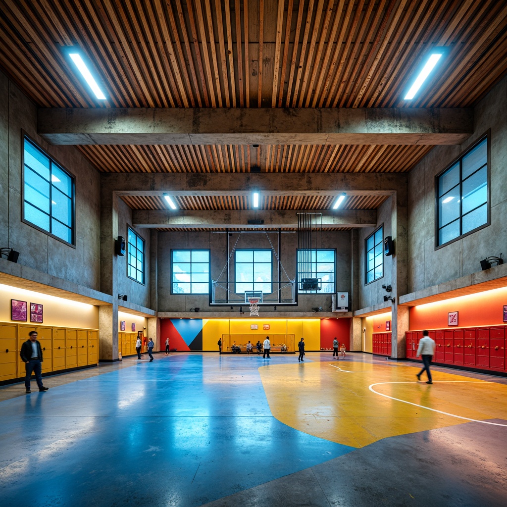 Prompt: Vibrant gymnasium, bold postmodernism style, neon-colored accents, geometric shapes, abstract patterns, metallic surfaces, industrial materials, exposed ductwork, concrete floors, reclaimed wood, dynamic lighting, futuristic atmosphere, electric blue walls, sunshine yellow equipment, fiery red lockers, deep grey columns, creamy white ceilings, warm beige flooring, rich brown wooden accents, bold typography, eclectic textures, high-contrast colors, dramatic shadows, 1/2 composition, wide-angle lens, cinematic lighting.