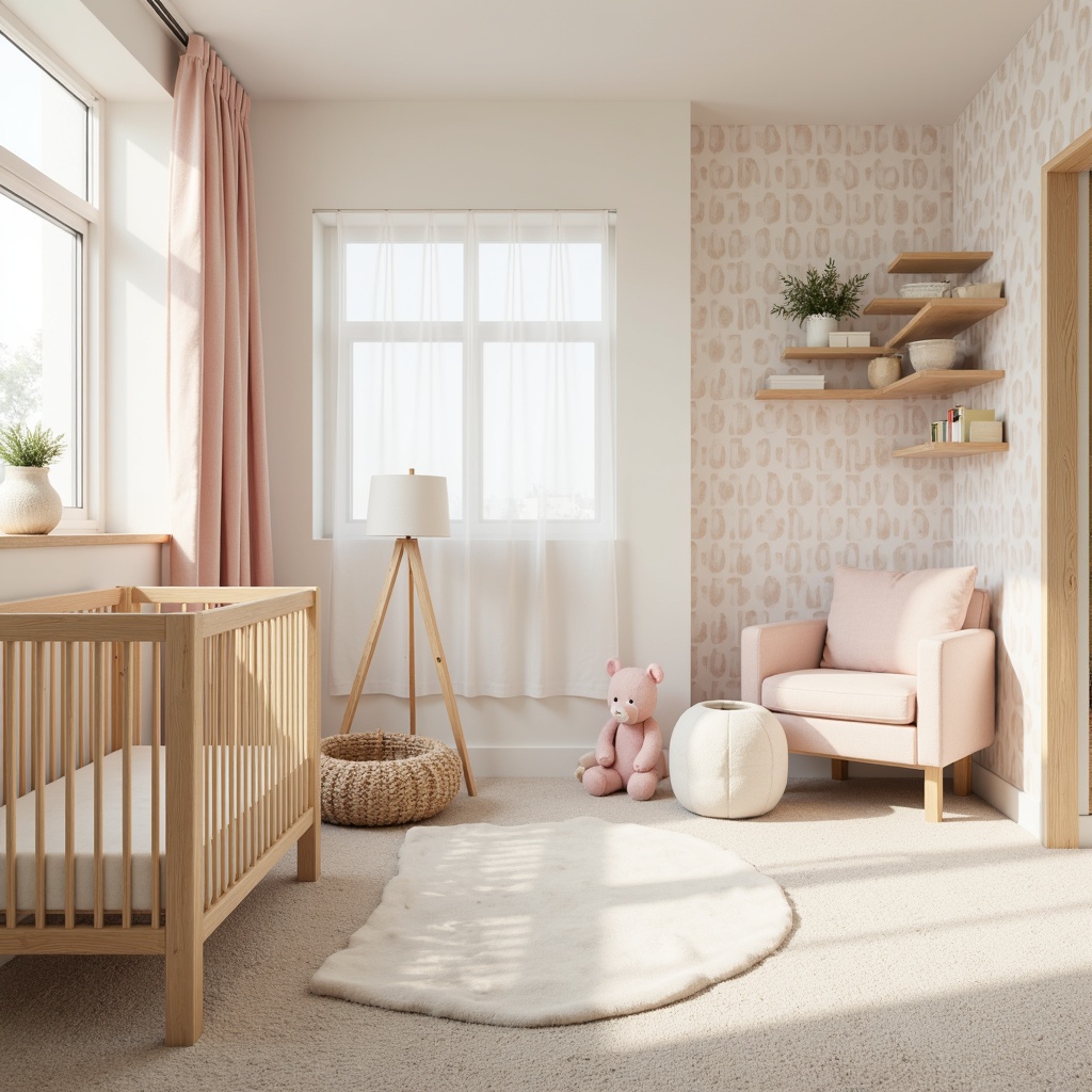 Prompt: Soft pastel colors, gentle texture, calming atmosphere, modern nursery design, cribs with clean lines, minimalist furniture, soft carpet flooring, subtle patterned wallpaper, creamy white walls, wooden accents, natural light, airy feel, 1/1 composition, warm softbox lighting, realistic textures, ambient occlusion.