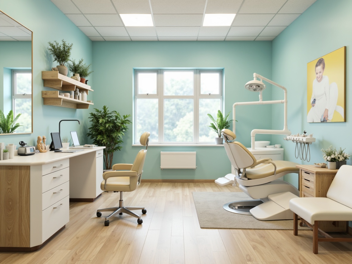 Prompt: Calming dental clinic atmosphere, pastel blue walls, creamy white furniture, warm beige flooring, natural wood accents, subtle mint green highlights, gentle yellow decorations, softbox lighting, relaxing ambiance, serene waiting area, comfortable treatment rooms, calming color scheme, soothing patient experience, minimal modern decor, crisp clean lines, professional medical equipment, sterilized surfaces, spotless floors, inviting reception desk, friendly staff uniforms.