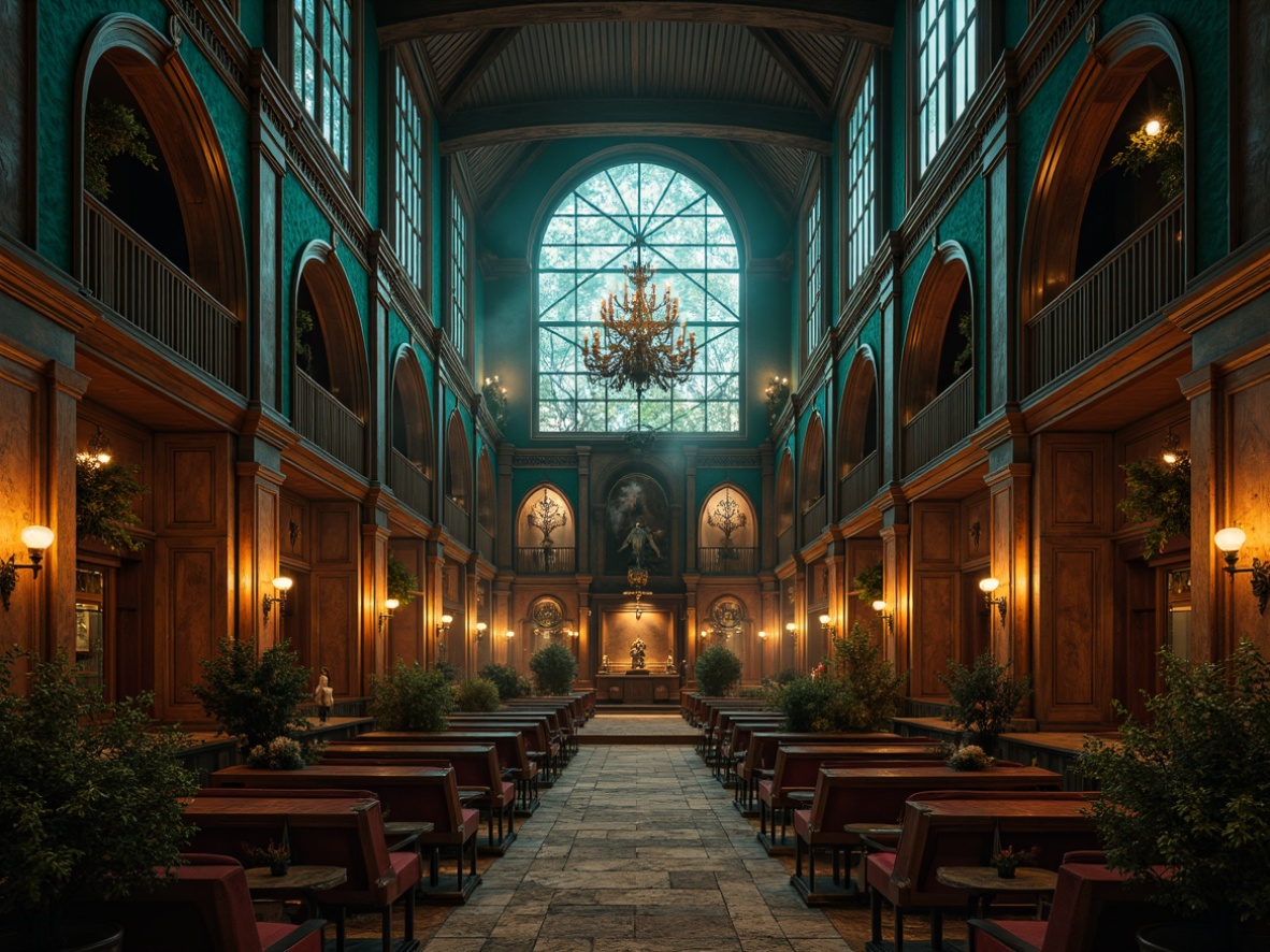 Prompt: Majestic Gothic interior, rich wood tones, dark walnut panels, ornate stone carvings, vaulted ceilings, grand chandeliers, luxurious velvet fabrics, jewel-toned tapestries, mysterious emerald greens, regal blues, warm golden lighting, intricate stained glass windows, rustic metal accents, distressed leather textures, dramatic archways, atmospheric foggy ambiance, 1/1 composition, high contrast ratio, cinematic mood.