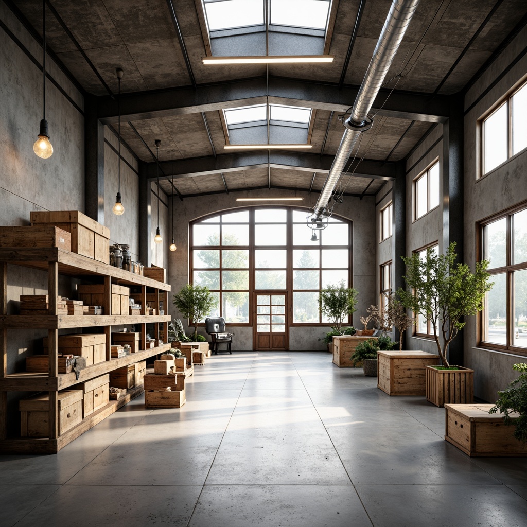 Prompt: Industrial warehouse interior, Scandinavian minimalism, high ceiling, exposed ductwork, polished concrete floors, wooden crates, metal shelving units, modern industrial lighting fixtures, suspended linear lights, pendant lamps, warm white LED lighting, soft diffused illumination, natural daylight, large skylights, clerestory windows, rustic wood accents, metal beams, functional simplicity, 1/1 composition, shallow depth of field, realistic textures, ambient occlusion.