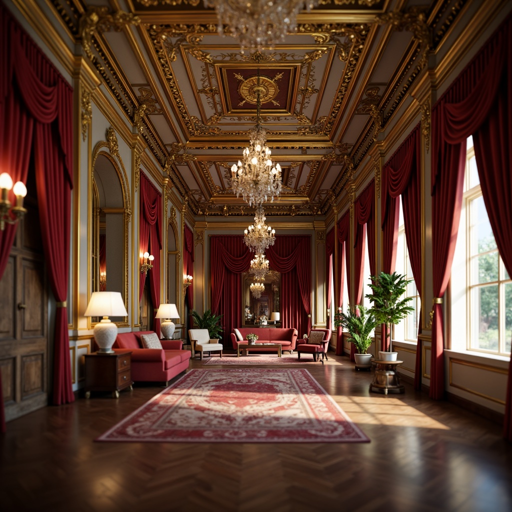 Prompt: Luxurious interior, ornate moldings, gold leaf accents, intricate carvings, Baroque-inspired designs, rich wood tones, lavish furnishings, velvet drapes, crystal chandeliers, opulent textiles, regal atmosphere, warm ambient lighting, shallow depth of field, 1/1 composition, realistic materials, detailed normals.