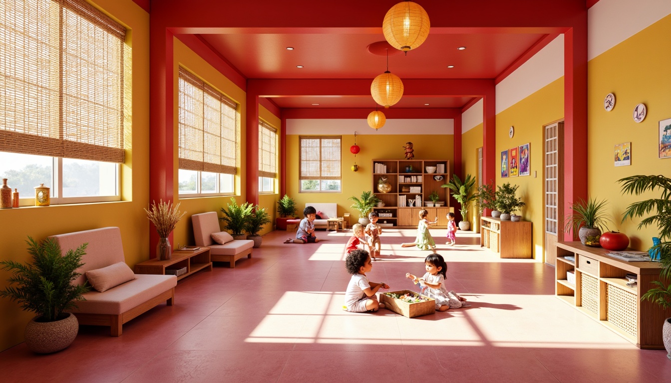 Prompt: Vibrant kindergarten interior, traditional Asian-inspired decor, bold red accents, bright yellow walls, soft pink furniture, natural wood textures, woven bamboo elements, colorful paper lanterns, playful animal motifs, educational wall art, interactive play areas, cozy reading nooks, warm sunny lighting, shallow depth of field, 1/1 composition, realistic textures, ambient occlusion.