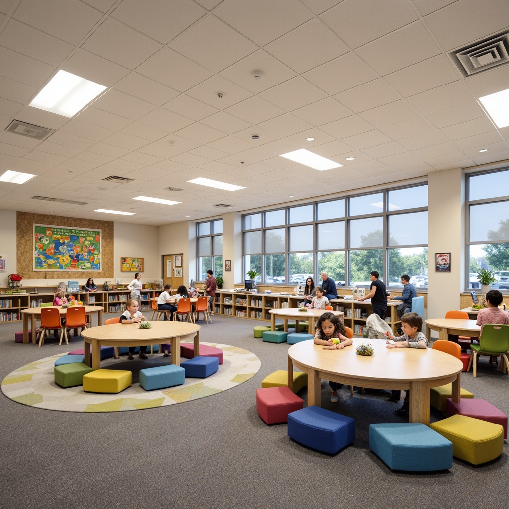 Prompt: Vibrant elementary school interior, colorful student chairs, sturdy wooden tables, ergonomic desks, comfortable cushions, interactive whiteboards, educational posters, inspirational quotes, natural wood accents, bright overhead lighting, soft carpet flooring, collaborative learning spaces, flexible seating arrangements, rounded corner shelves, kid-friendly storage bins, playful patterned rugs, cheerful wall colors, acoustic ceiling tiles, adjustable teacher stations.