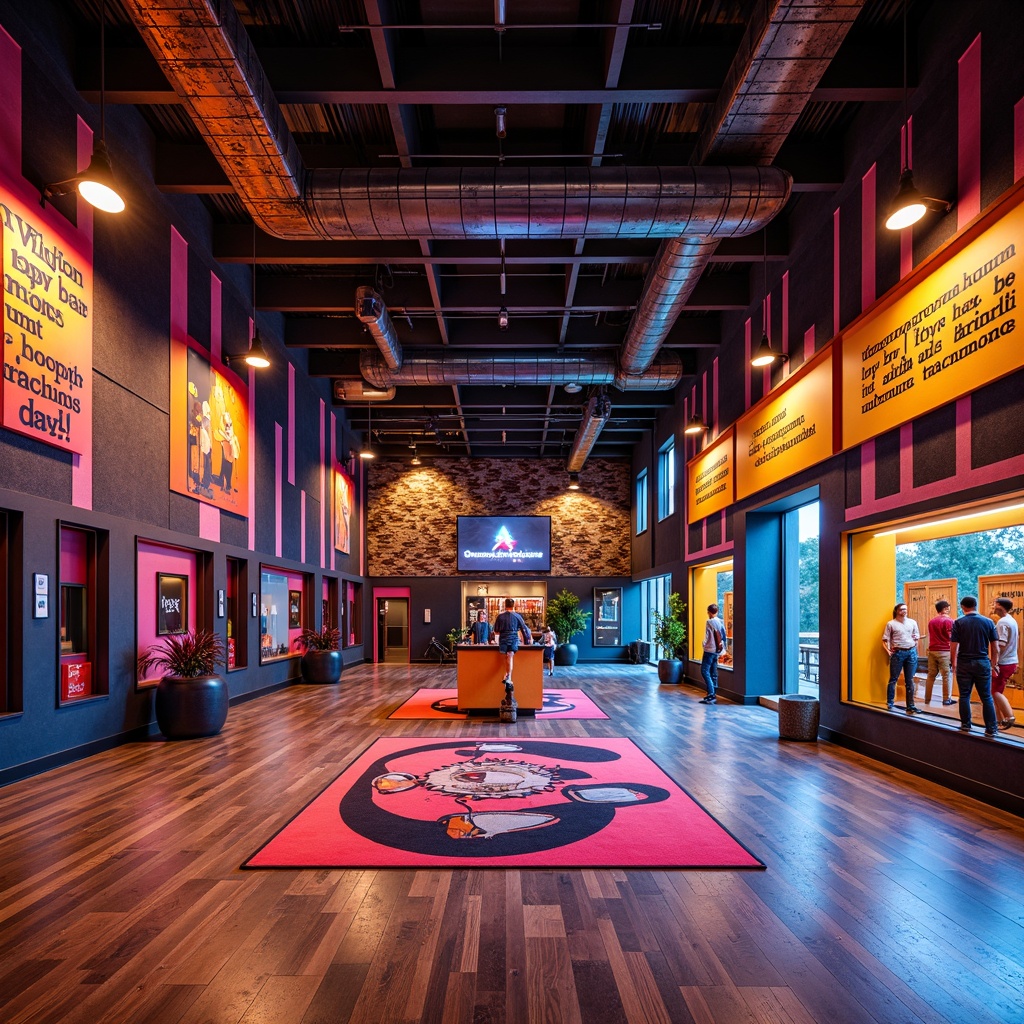 Prompt: Vibrant gymnasium interior, postmodernism style, bold color blocking, eclectic textures, distressed wood accents, industrial metal beams, exposed ductwork, reclaimed wooden floors, abstract patterned rugs, oversized athletic equipment, motivational quotes, neon signs, atmospheric lighting, dramatic shadows, high-contrast colors, 1/1 composition, symmetrical framing, realistic reflections, ambient occlusion.