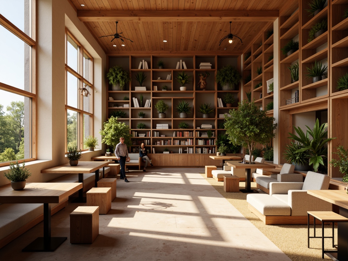 Prompt: Serene reading areas, warm beige walls, rich wood tones, comfortable seating, soft cushions, earthy brown floors, calming greenery, natural light pouring in, floor-to-ceiling bookshelves, elegant wooden tables, minimalist metal chairs, subtle pendant lighting, cozy nooks, quiet atmosphere, warm color scheme, soothing ambiance, 1/1 composition, realistic textures, ambient occlusion.