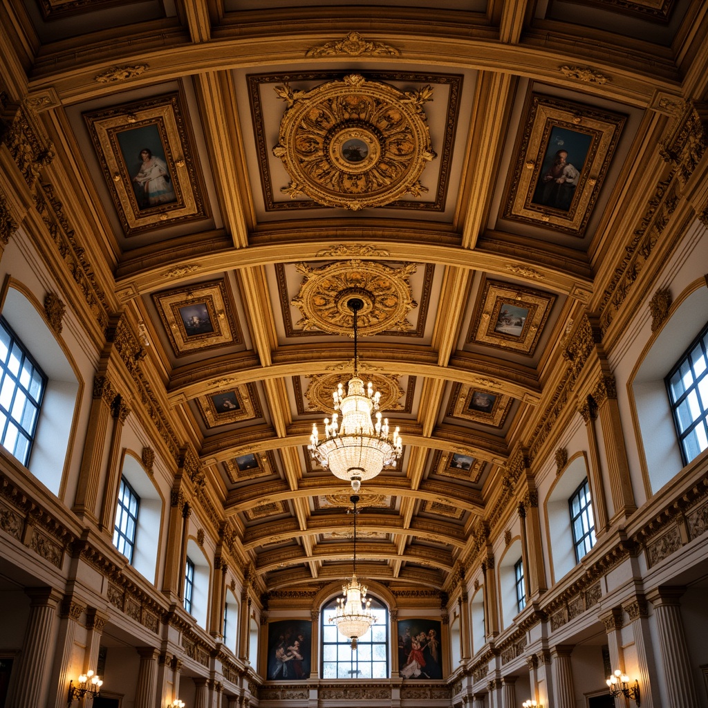 Prompt: Ornate ceiling medallions, intricately carved moldings, gilded cornices, coffered ceilings, decorative plasterwork, ornamental arches, ribbed vaults, grand chandeliers, crystal droplets, regal frescoes, neoclassical motifs, symmetrical compositions, soft warm lighting, shallow depth of field, 1/1 composition, realistic textures, ambient occlusion.