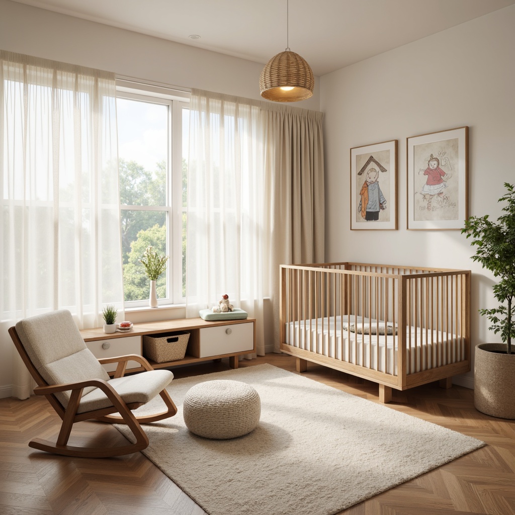 Prompt: Modern baby nursery, soft pastel colors, natural wood furniture, plush area rug, comfortable glider rocker, modern crib design, minimalist decor, abundant natural light, sheer white curtains, gentle warm lighting, cozy reading nook, built-in shelving units, storage ottoman, changing station, baby-friendly textiles, gentle patterns, whimsical wall art, 1/1 composition, shallow depth of field, soft focus effect.