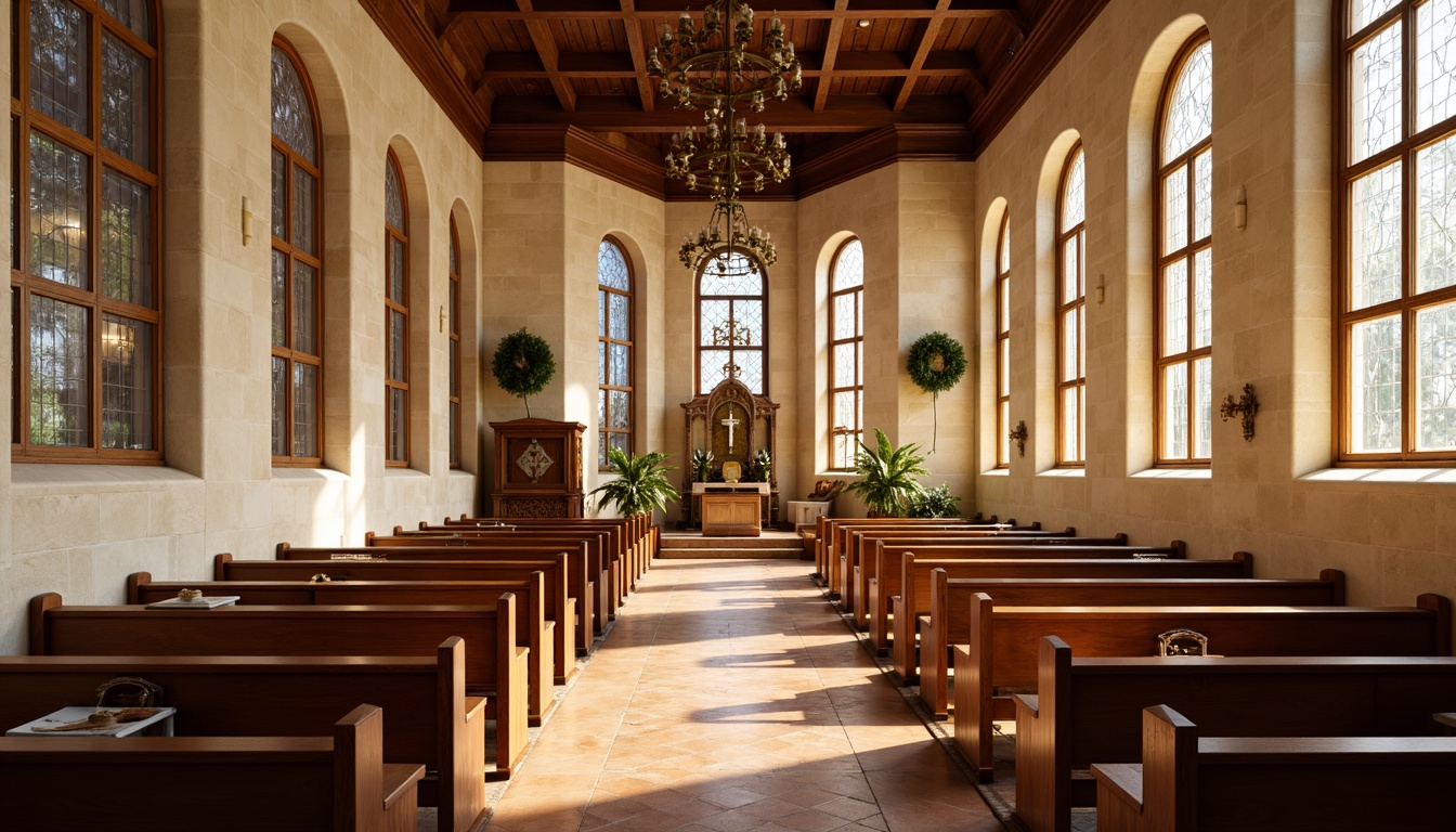 Prompt: Warm beige stone walls, rich wood accents, stained glass windows, soft cream ceilings, elegant chandeliers, classic pews, ornate altars, subtle gold details, serene natural lighting, warm neutral tones, earthy terracotta floors, rustic wooden beams, traditional Christian symbols, vintage bronze fixtures, comforting atmospheric colors, 1/2 composition, intimate focal points, gentle warm glow, realistic textures, ambient occlusion.