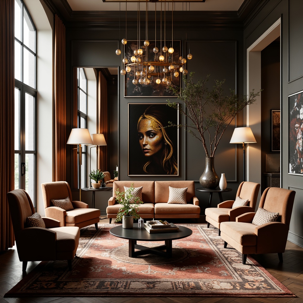 Prompt: Elegant modern furniture, luxurious velvet fabrics, metallic accents, ornate mirrors, stylish lamps, sophisticated vases, abstract artwork, plush area rugs, statement lighting fixtures, sleek coffee tables, designer decorative objects, ambient candlelight, 1/1 composition, shallow depth of field, soft warm lighting, realistic textures.