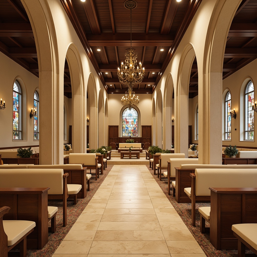 Prompt: Warm beige stone flooring, subtle wooden accents, elegant archways, soft cream-colored pews, ornate metal chandeliers, vaulted ceilings, stained glass windows, richly textured carpets, neutral-toned porcelain tiles, understated geometric patterns, warm LED lighting, serene atmosphere, gentle color palette, harmonious blend of modern and traditional elements.