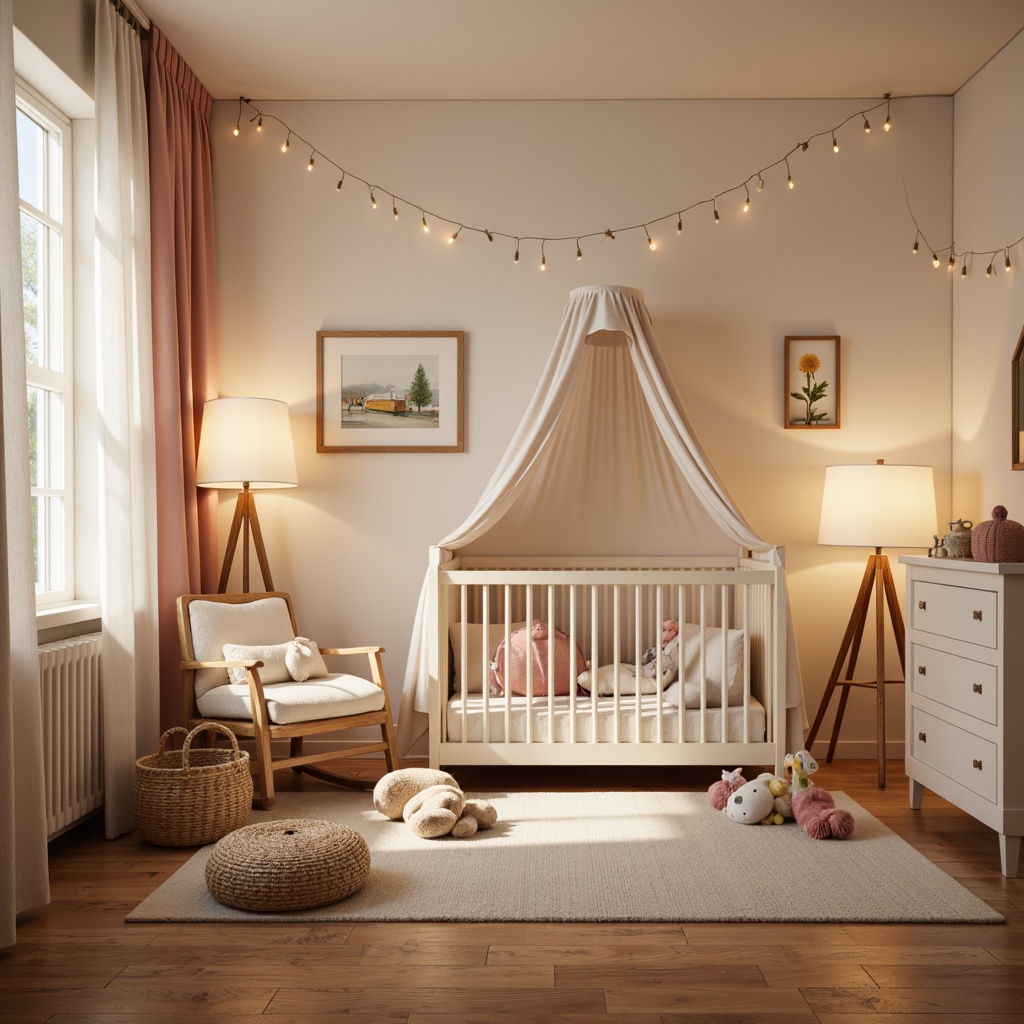 Prompt: Warm baby nursery, soft pastel colors, plush toys, crib with canopy, changing table, rocking chair, woven basket, warm wooden floors, gentle lamp lighting, table lamps, floor lamps, string lights, starry night sky effect, warm beige walls, creamy white furniture, pale pink accents, natural fiber textiles, cozy throw blankets, whisper-quiet atmosphere, soft focus, shallow depth of field, 1/1 composition, intimate perspective, realistic textures, ambient occlusion.