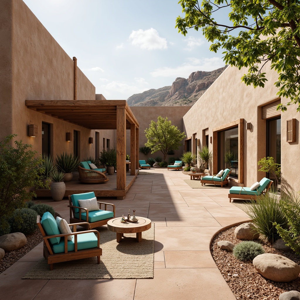 Prompt: Earth-toned adobe buildings, natural stone walls, wooden accents, woven textiles, vibrant turquoise accents, desert botanicals, cacti plants, warm sandy floors, reclaimed wood furniture, organic shapes, earthy color palette, soft warm lighting, shallow depth of field, 3/4 composition, panoramic view, realistic textures, ambient occlusion, tranquil atmosphere, calming water features, serene outdoor spaces, misting systems, Southwestern-inspired patterns, cozy nooks, comfortable seating areas.