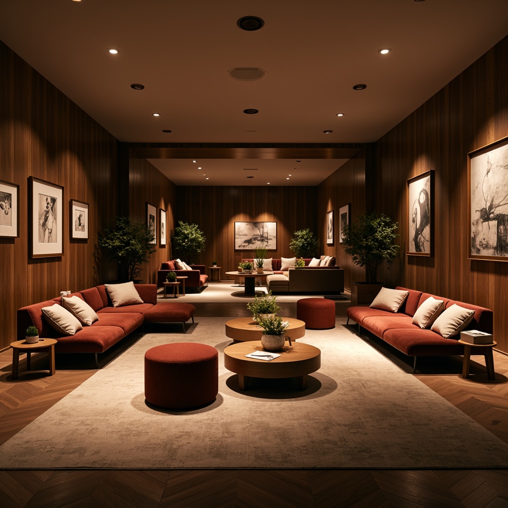 Prompt: Cozy living room, plush sofas, velvet armchairs, wooden coffee tables, soft cushions, warm lighting, intimate seating areas, circular conversation pits, sectional sofas, reclining chairs, ergonomic designs, comfortable upholstery, rich fabrics, natural wood tones, minimalist decor, calm atmosphere, relaxing ambiance, 1/1 composition, shallow depth of field, realistic textures.