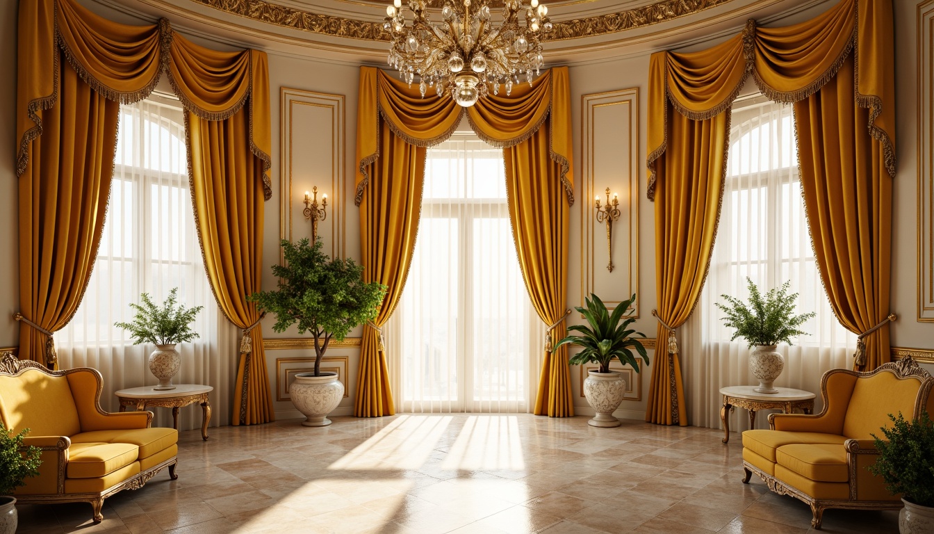 Prompt: Opulent Rococo interior, rich yellow velvet drapes, intricately carved gold accents, ornate mirrors, lavish chandeliers, soft cream walls, warm beige marble floors, delicate porcelain vases, lush greenery, natural light pouring through crystal clear windows, subtle warm glow, 1/1 composition, shallow depth of field, realistic textures, ambient occlusion.