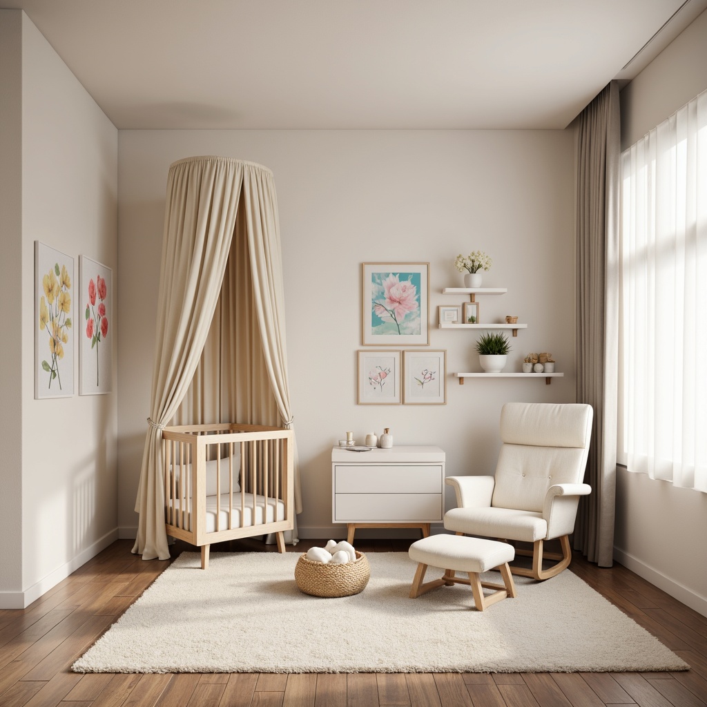 Prompt: Modern baby room, soft pastel colors, minimalist furniture, crib with canopy, changing table, comfortable glider, ottoman storage, plush area rug, white wooden shelves, decorative wall art, natural light, sheer curtains, calm atmosphere, gentle warm lighting, shallow depth of field, 1/1 composition, realistic textures, ambient occlusion.