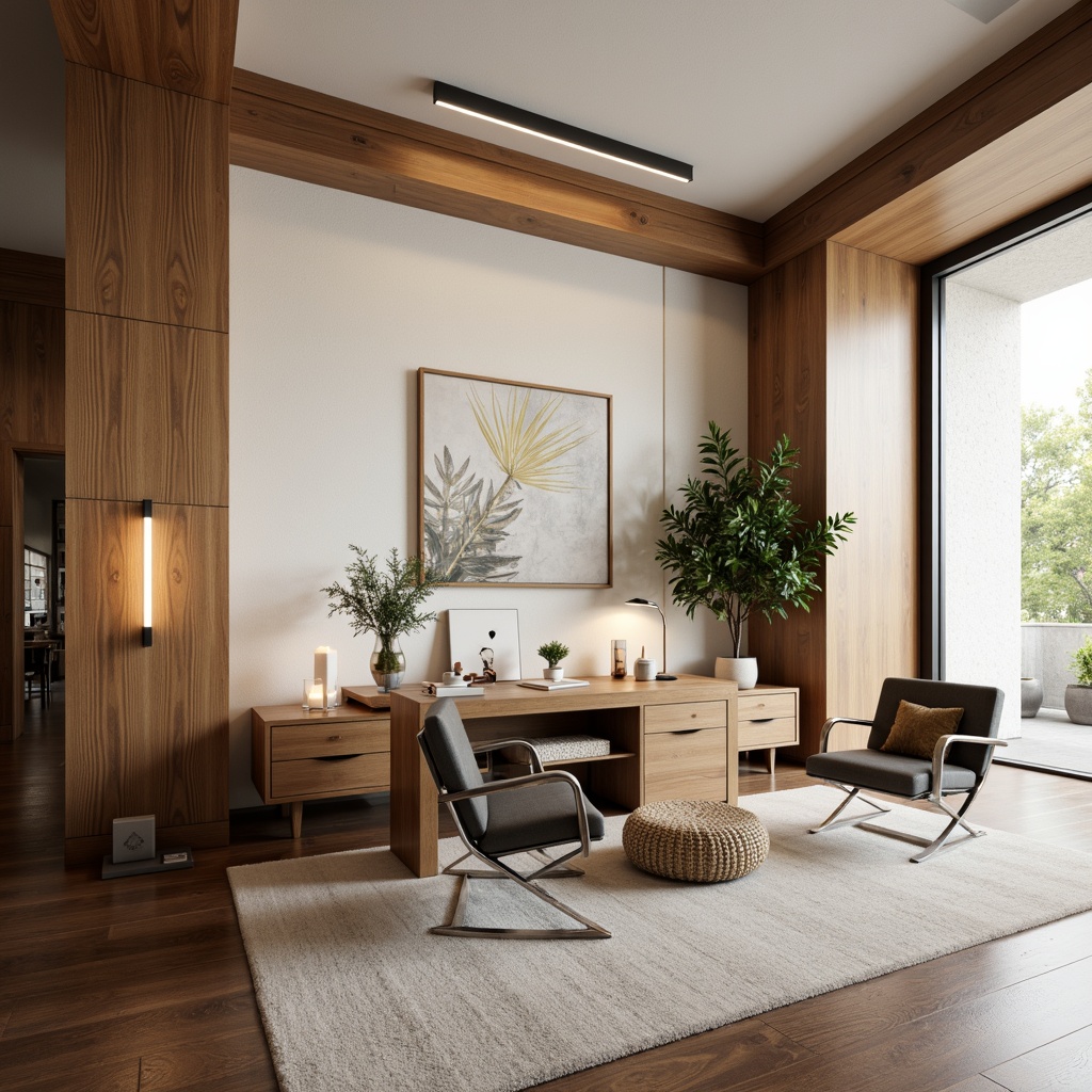 Prompt: Sophisticated home office, wooden wall paneling, creamy white paint, textured stucco finish, geometric patterned wallpaper, floor-to-ceiling windows, natural light pouring in, comfortable workspace, ergonomic furniture, minimalist decor, soft warm lighting, subtle color palette, 1/1 composition, realistic textures, ambient occlusion.