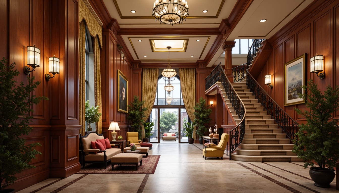 Prompt: Luxurious interior, ornate moldings, intricate carvings, classical architecture, grand entranceways, sweeping staircases, elegant balustrades, refined wood tones, polished marble floors, crystal chandeliers, soft warm lighting, shallow depth of field, 1/1 composition, detailed textures, ambient occlusion, opulent furnishings, velvety drapes, lavish upholstery, sophisticated color palette.