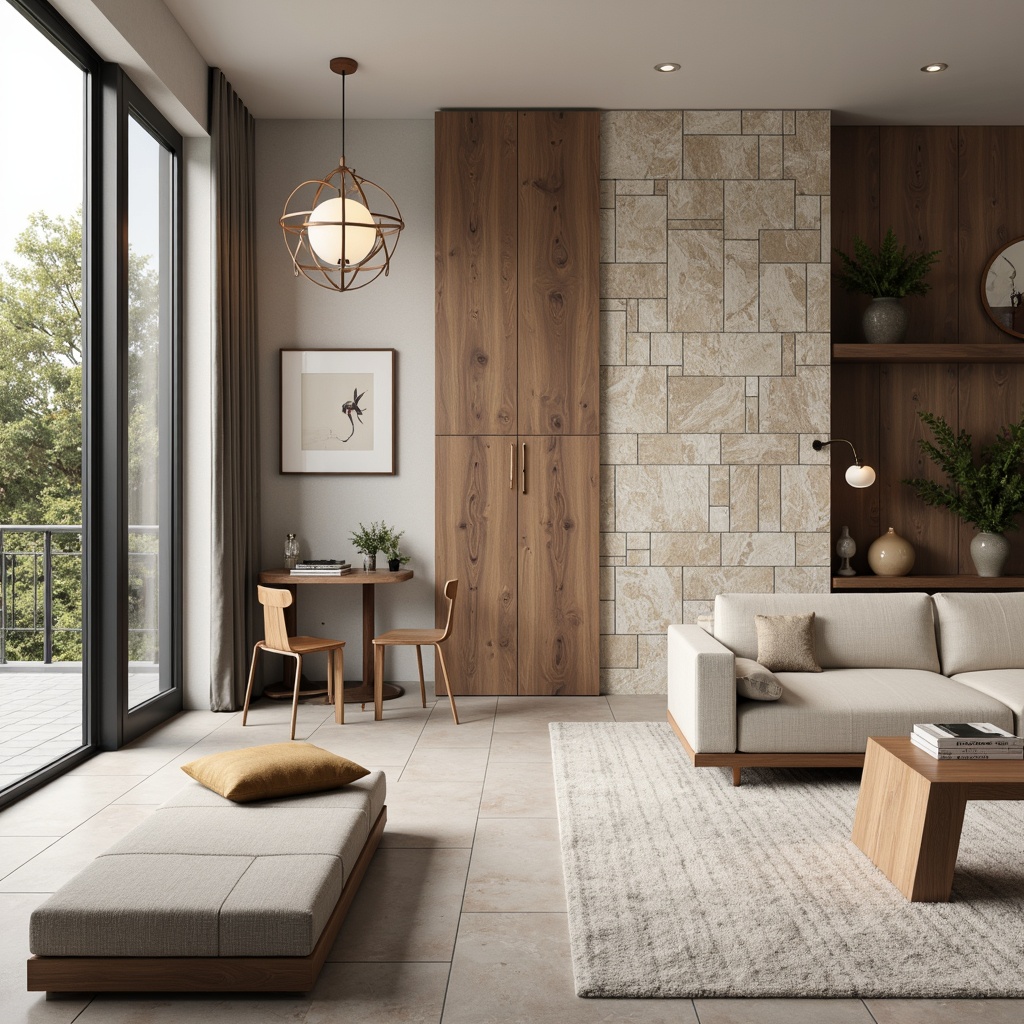 Prompt: Textured accent walls, natural stone veneers, wooden paneling, metallic accents, modern art pieces, abstract patterns, neutral color palette, earthy tones, creamy whites, warm beige, sleek furniture, minimalist decor, floor-to-ceiling windows, sliding glass doors, soft diffused lighting, 1/1 composition, realistic textures, ambient occlusion.