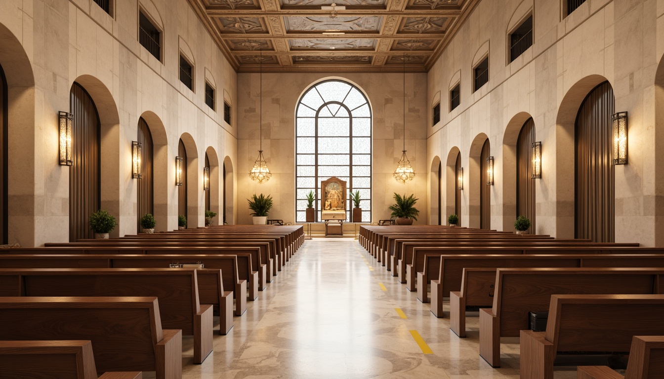 Prompt: Curved pews, polished wooden accents, minimalist chandeliers, soft warm lighting, cream-colored marble floors, sleek metal railings, geometric stained glass windows, intricate stone carvings, ornate fresco ceilings, elegant archways, subtle sacred symbols, calming neutral color palette, luxurious velvet drapes, refined bronze hardware, airy open spaces, dramatic vertical lines, horizontal compositional emphasis, warm beige walls, rich walnut wood tones, subtle texture variations, realistic material reflections.