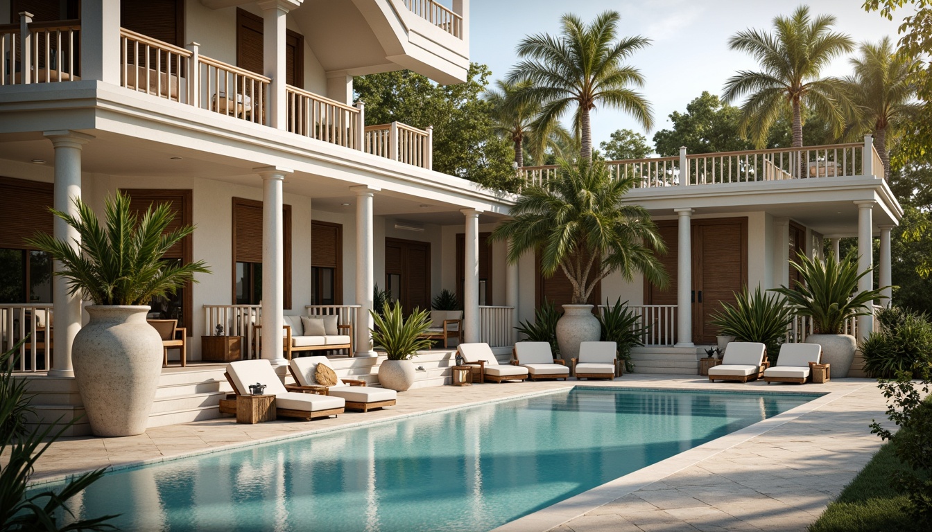 Prompt: Elegant pool deck, timeless classic columns, ornate balustrades, travertine flooring, soft blue water, lush greenery, vintage-inspired outdoor furniture, plush cushions, natural stone planters, elegant lanterns, warm golden lighting, shallow depth of field, 3/4 composition, symmetrical architecture, subtle texture details, ambient occlusion.