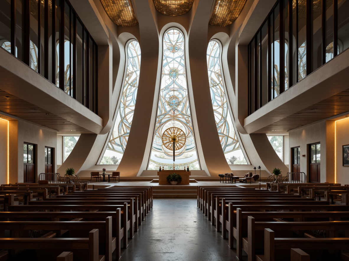 Prompt: Sacred temple, curved lines, aerodynamic shapes, metallic materials, polished chrome accents, stained glass windows, celestial patterns, spiritual symbols, minimalist decor, open floor plan, elevated altar, ornate pulpits, cushioned pews, ambient soft lighting, subtle color gradients, 3/4 composition, shallow depth of field, warm atmospheric glow, futuristic details, innovative textures, realistic reflections.