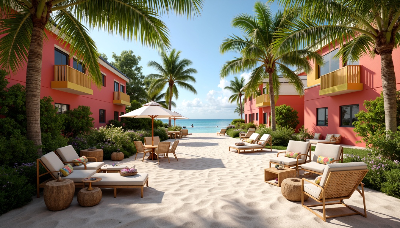 Prompt: Vibrant tropical island, lush green palm trees, bright coral pink buildings, sunny yellow accents, turquoise ocean views, powdery white sandy beaches, exotic floral patterns, colorful tiki torches, woven rattan furniture, natural wood textures, refreshing misty atmosphere, warm soft lighting, 1/2 composition, wide-angle lens, realistic reflections, ambient occlusion.