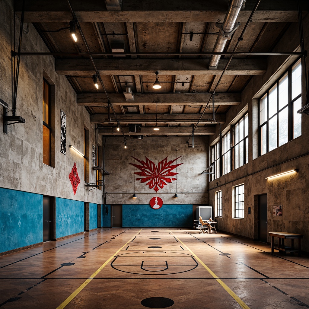 Prompt: Rustic gymnasium interior, distressed concrete walls, exposed ductwork, industrial metal beams, reclaimed wood flooring, vintage sports equipment, bold graphic patterns, eclectic color palette, neon accent lighting, geometric shapes, fragmented mirrors, abstract art installations, dynamic angular lines, brutalist architecture, atmospheric misting, high-contrast dramatic lighting, 1/1 composition, shallow depth of field, realistic texture renderings.