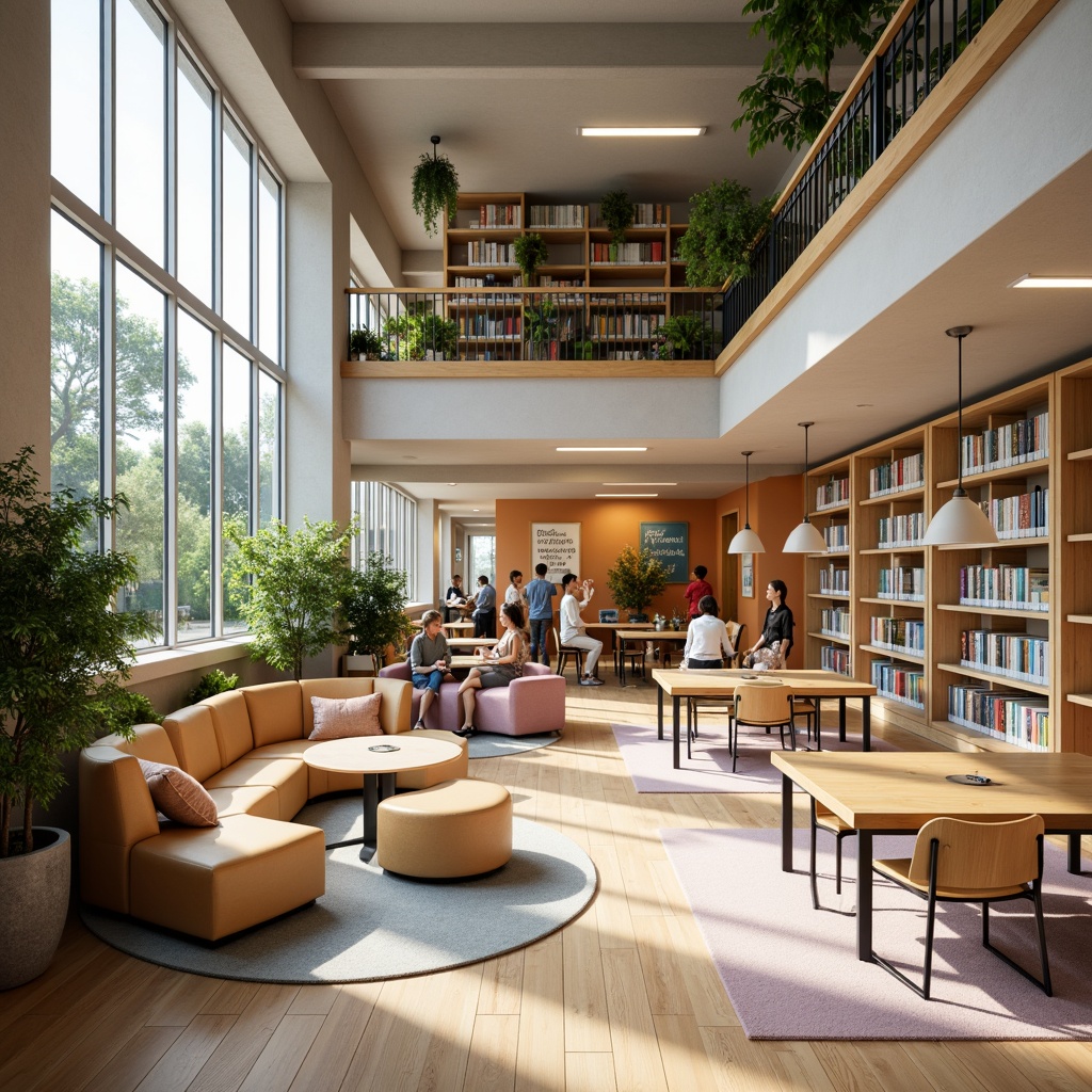 Prompt: Cozy high school library, Scandinavian-inspired furniture, minimalistic wooden tables, ergonomic chairs, soft cushions, pastel-colored rugs, natural light, floor-to-ceiling windows, sleek metal shelves, modern pendant lamps, greenery plants, inspirational quotes, educational posters, warm beige walls, light wood flooring, comfortable reading nooks, collaborative workspaces, flexible seating arrangements, 3/4 composition, shallow depth of field, panoramic view, realistic textures, ambient occlusion.