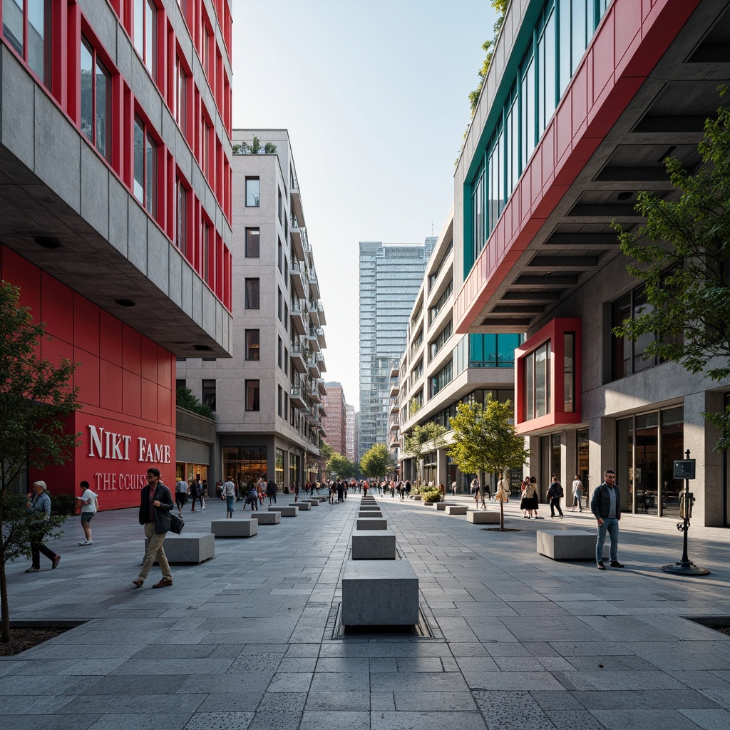 Prompt: Geometric public plaza, textured concrete surfaces, brutalist architecture, functional modernism, industrial materials, exposed pipes, minimalist decor, bold typography, vibrant primary colors, geometric shapes, urban landscape, busy streets, pedestrian traffic, natural light, harsh shadows, high-contrast lighting, dramatic angles, abstract compositions, futuristic atmosphere, innovative urban design.