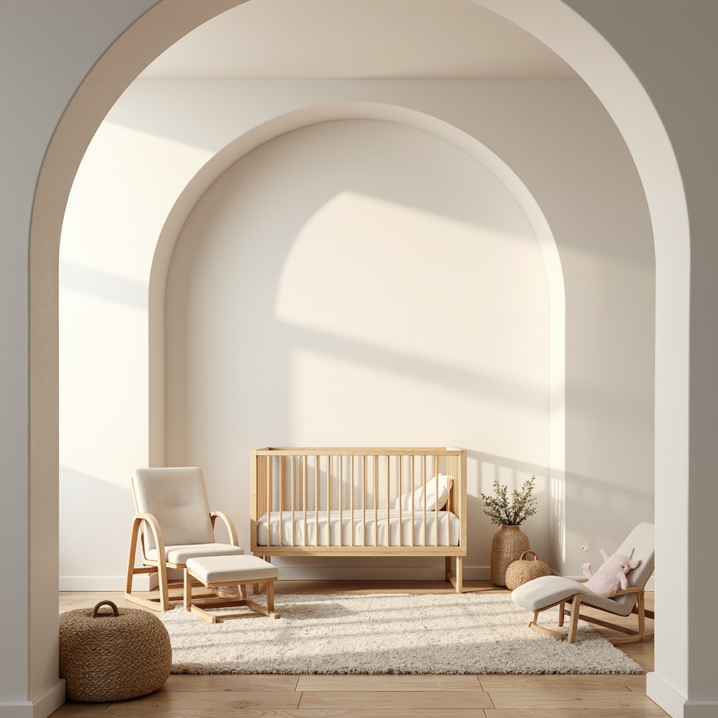 Prompt: Soft pastel colors, gentle curves, plush carpets, creamy whites, warm wood tones, minimalist decor, modern cribs, comfortable gliders, softbox lighting, calming ambiance, serene atmosphere, natural textiles, woven baskets, subtle patterns, gentle contrasts, 3/4 composition, shallow depth of field, realistic renderings.