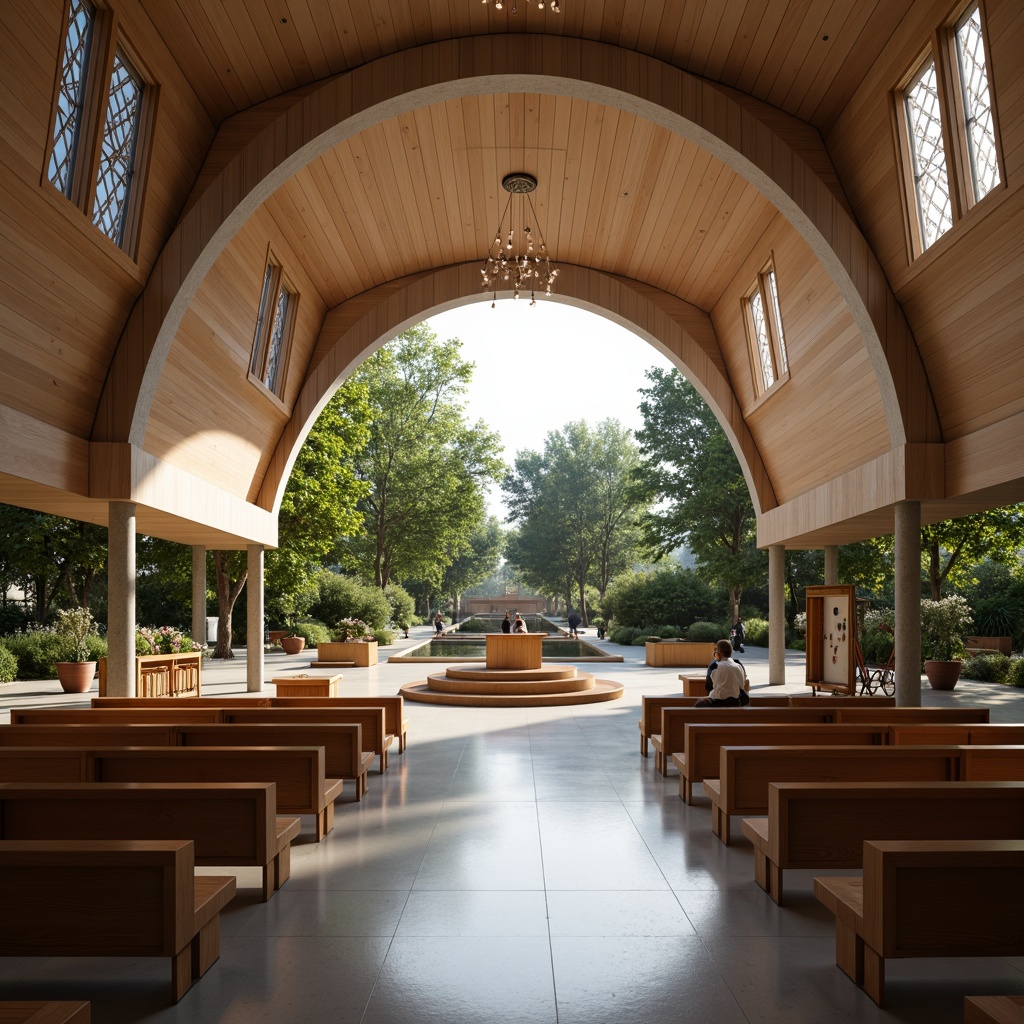 Prompt: Elegant worship space, curved lines, minimalist decor, polished marble floors, sleek metal accents, vaulted ceilings, stained glass windows, ornate pulpits, modernist chandeliers, subtle ambient lighting, shallow depth of field, 3/4 composition, symmetrical arrangement, peaceful atmosphere, serene natural surroundings, lush greenery, vibrant flowers, calm water features, soft warm light, realistic textures, ambient occlusion.