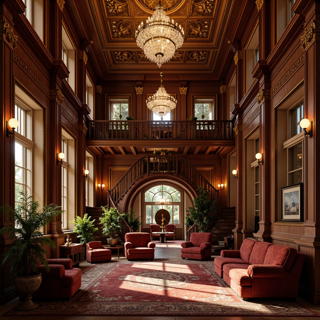 Prompt: Luxurious interior space, ornate moldings, intricate carvings, gilded details, rich wood tones, velvet upholstery, crystal chandeliers, grand staircases, opulent furnishings, regal atmosphere, soft warm lighting, shallow depth of field, 1/1 composition, realistic textures, ambient occlusion.