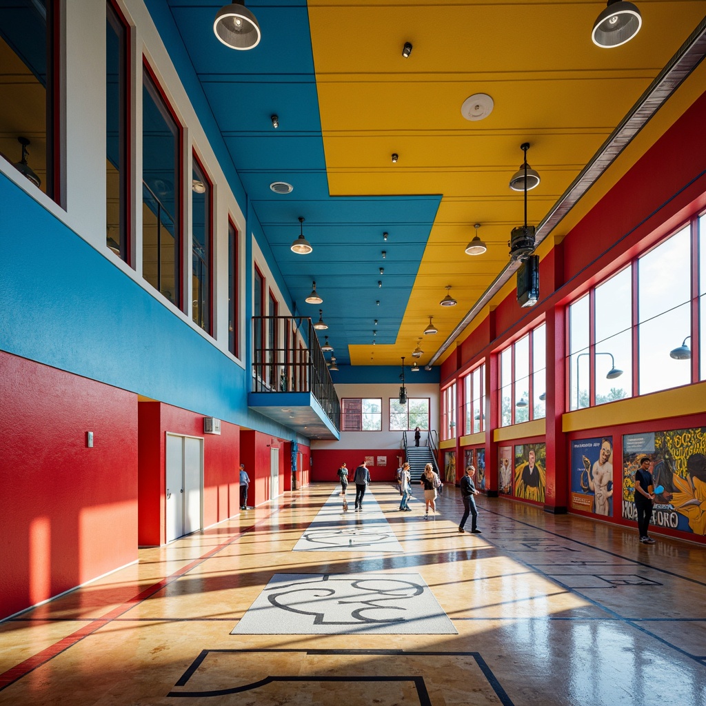 Prompt: Vibrant gymnasium, postmodernist architecture, bold color blocking, bright neon hues, electric blue accents, sunny yellow highlights, deep crimson walls, metallic silver beams, polished chrome fixtures, industrial concrete floors, geometric patterned rugs, asymmetrical compositions, fragmented forms, playful typography, abstract murals, dynamic lighting effects, high-contrast shadows, 3/4 composition, shallow depth of field, panoramic view.