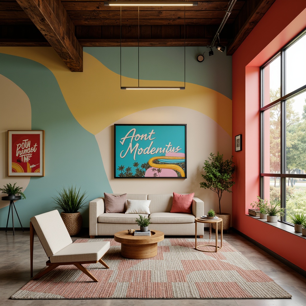 Prompt: Vibrant design studio, modern interior space, eclectic color scheme, bold typography, pastel hues, neon accents, abstract artwork, minimalist furniture, sleek metal fixtures, natural textiles, earthy tones, warm ambient lighting, shallow depth of field, 1/1 composition, realistic renderings.